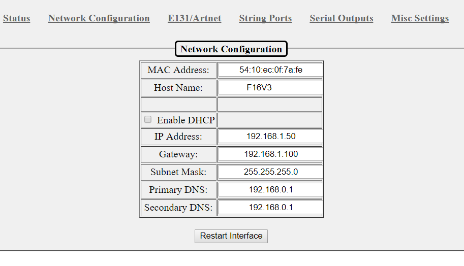 Falcon Player F16v3 Network settings